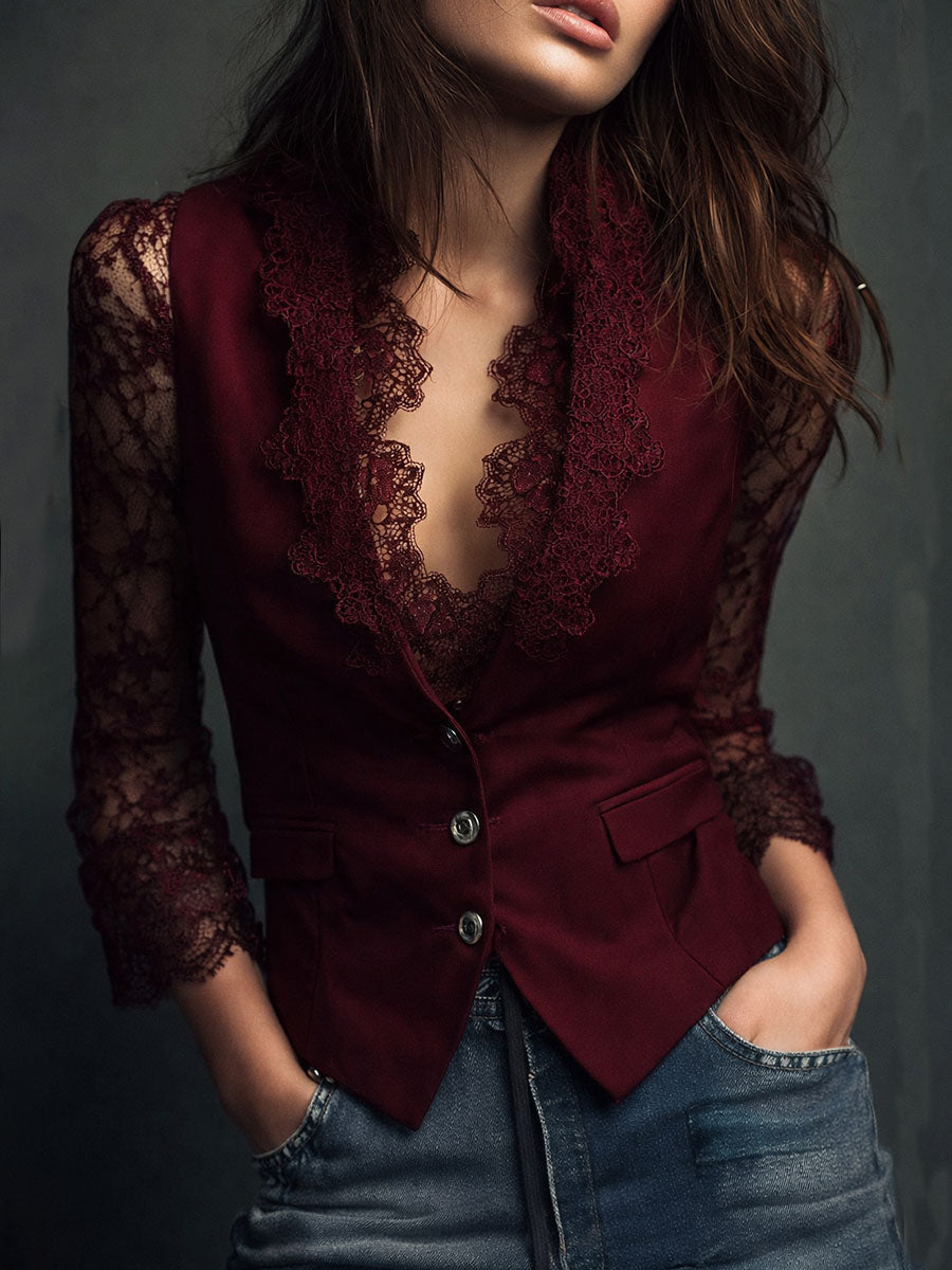 Noémie | Haut Blazer Noir à Manches Semi-Transparentes