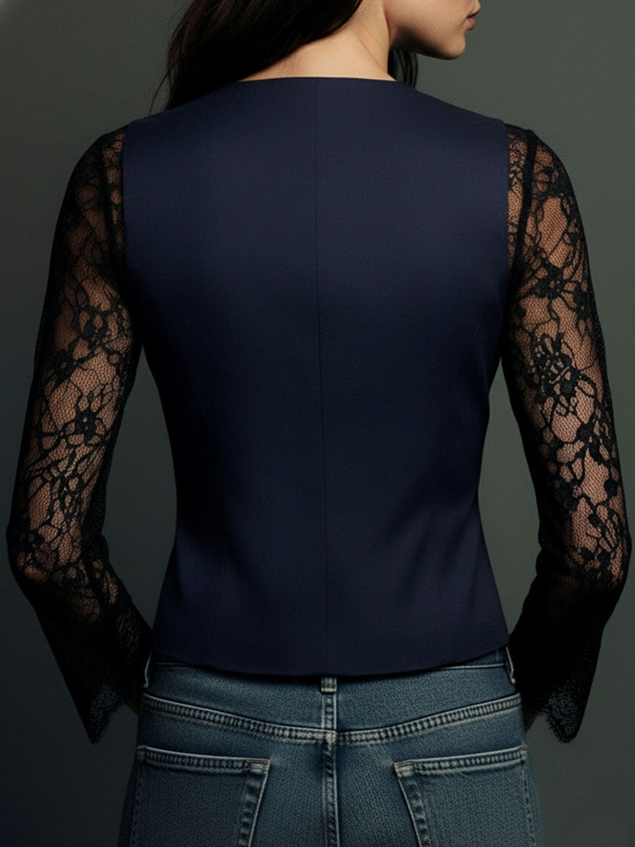 Noémie | Haut Blazer Noir à Manches Semi-Transparentes
