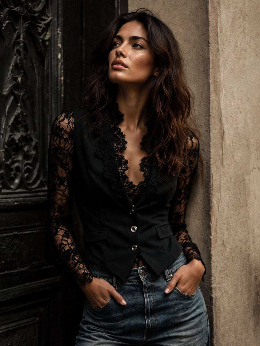 Noémie | Haut Blazer Noir à Manches Semi-Transparentes
