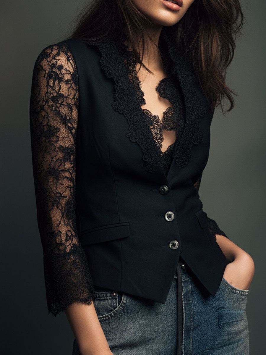 Noémie | Haut Blazer Noir à Manches Semi-Transparentes
