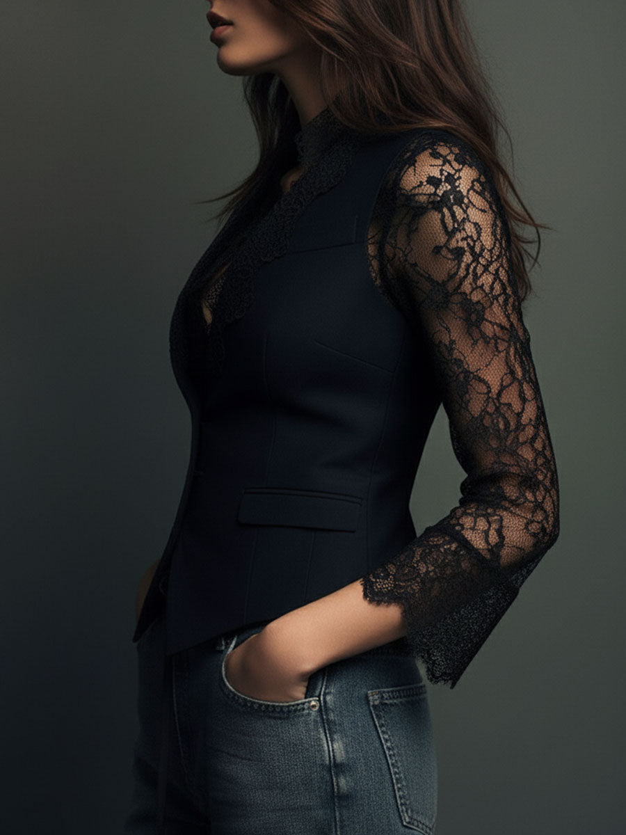 Noémie | Haut Blazer Noir à Manches Semi-Transparentes
