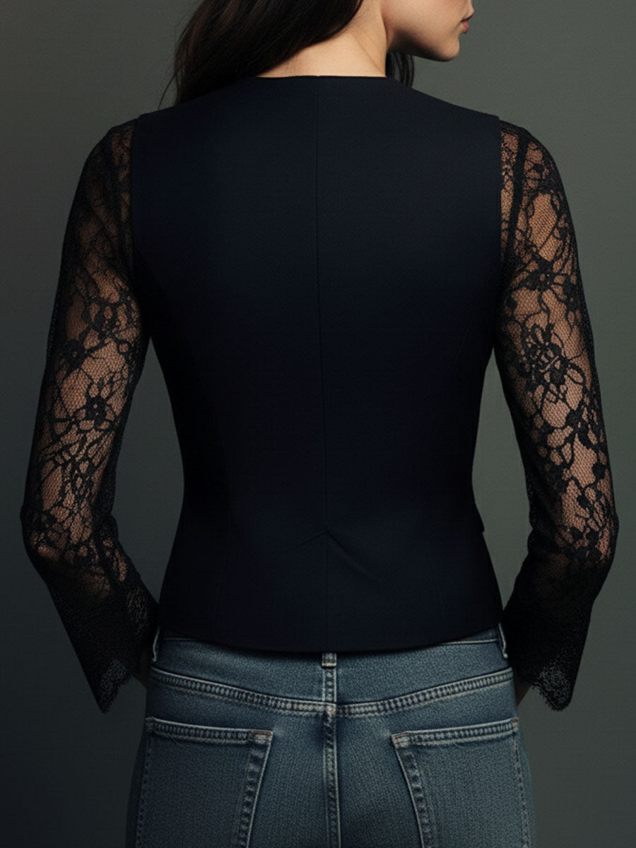 Noémie | Haut Blazer Noir à Manches Semi-Transparentes