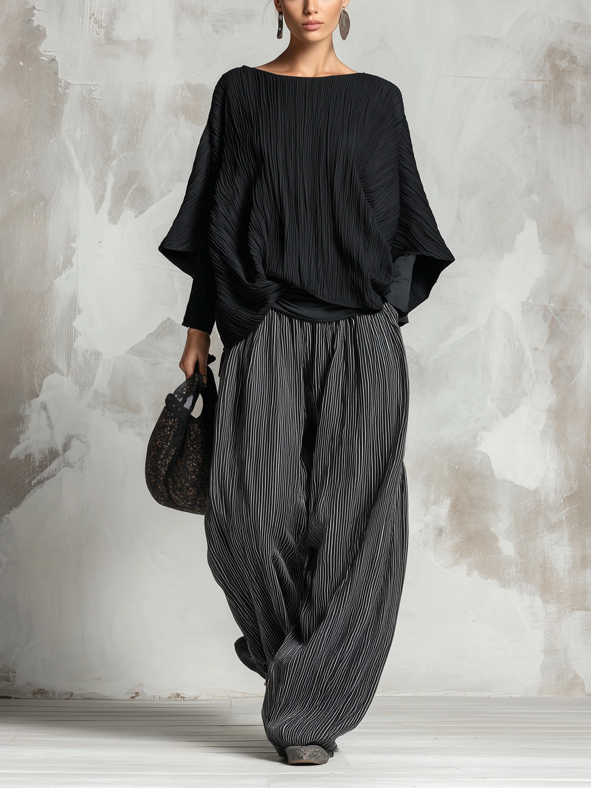 Geneviève™ | Ensemble Complet Deux Pièces Plissé avec Top Chauve-Souris et Pantalons à Jambe Large