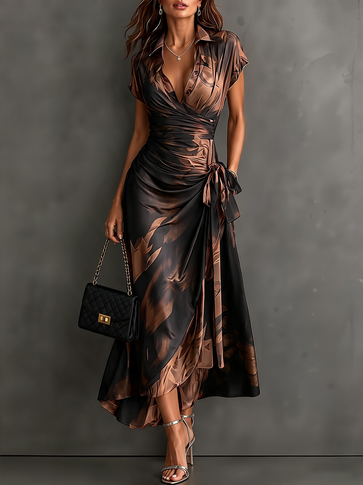 Valeria | robe midi ajustée avec imprimé abstrait et décolleté en V