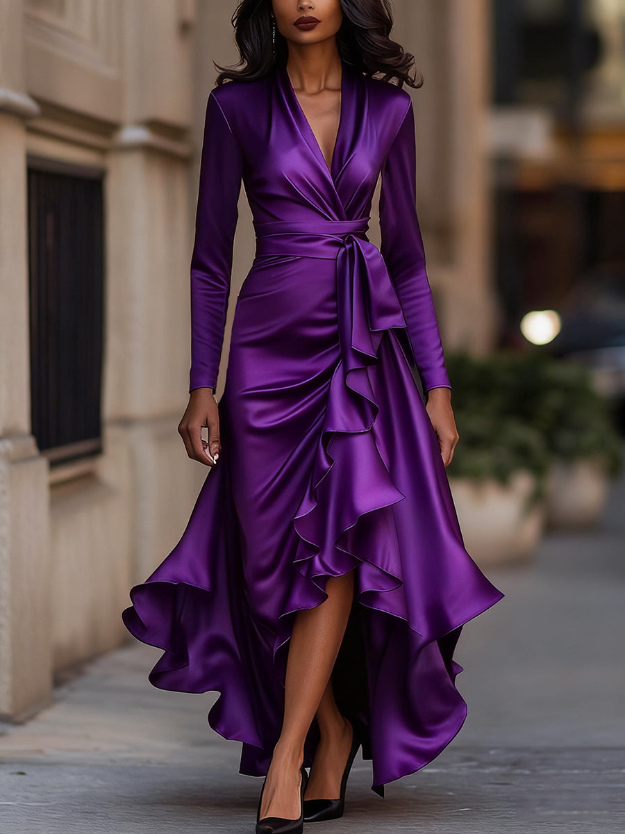 GINEVRA | Robe longue en satin drapé bleu nuit