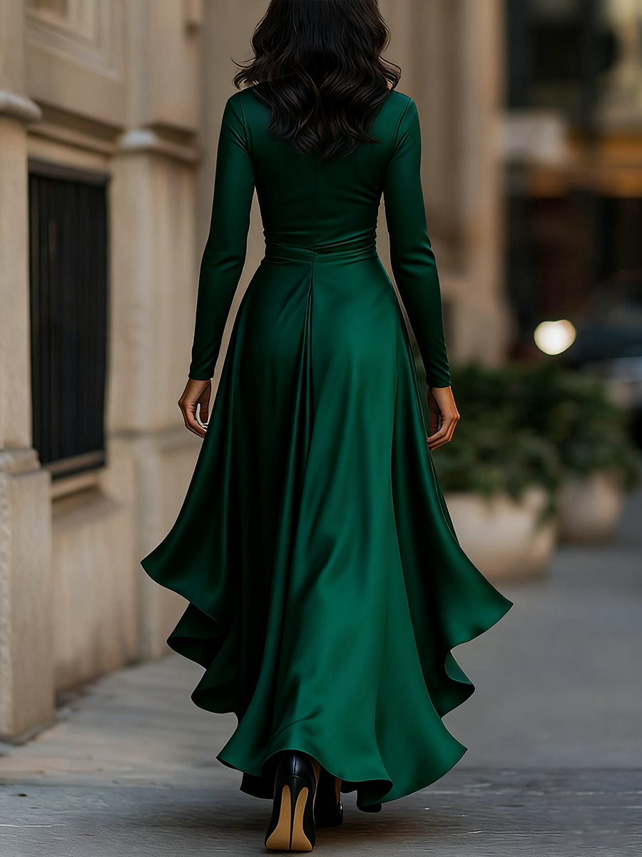 GINEVRA | Robe longue en satin drapé bleu nuit
