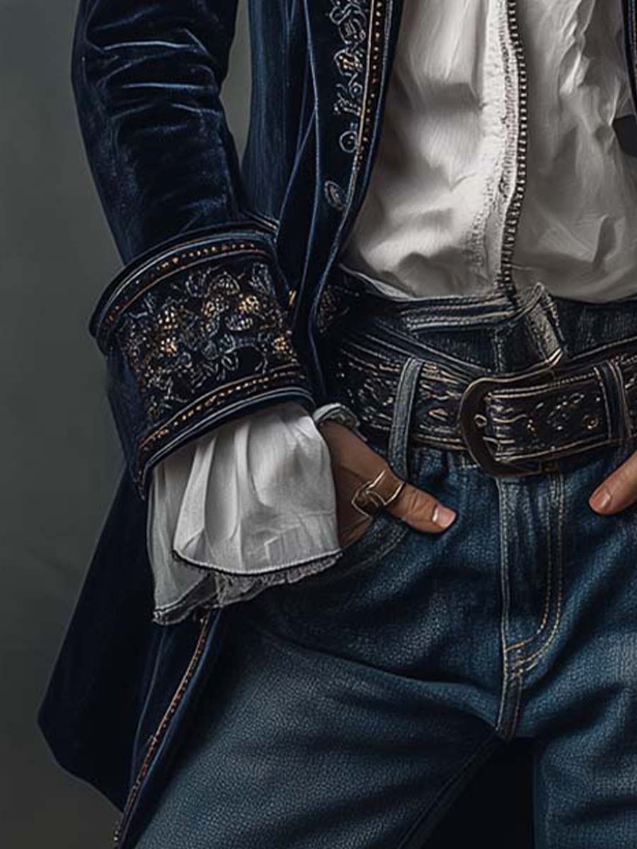 Athénaïs | Veste Longue Brodée Vintage Bleu Marine