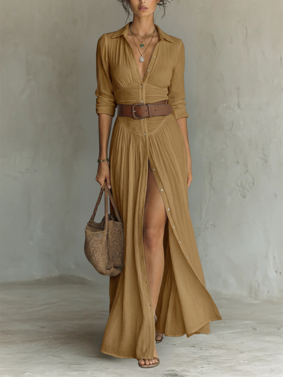 Lily · Robe longue avec col à revers et manches en lin