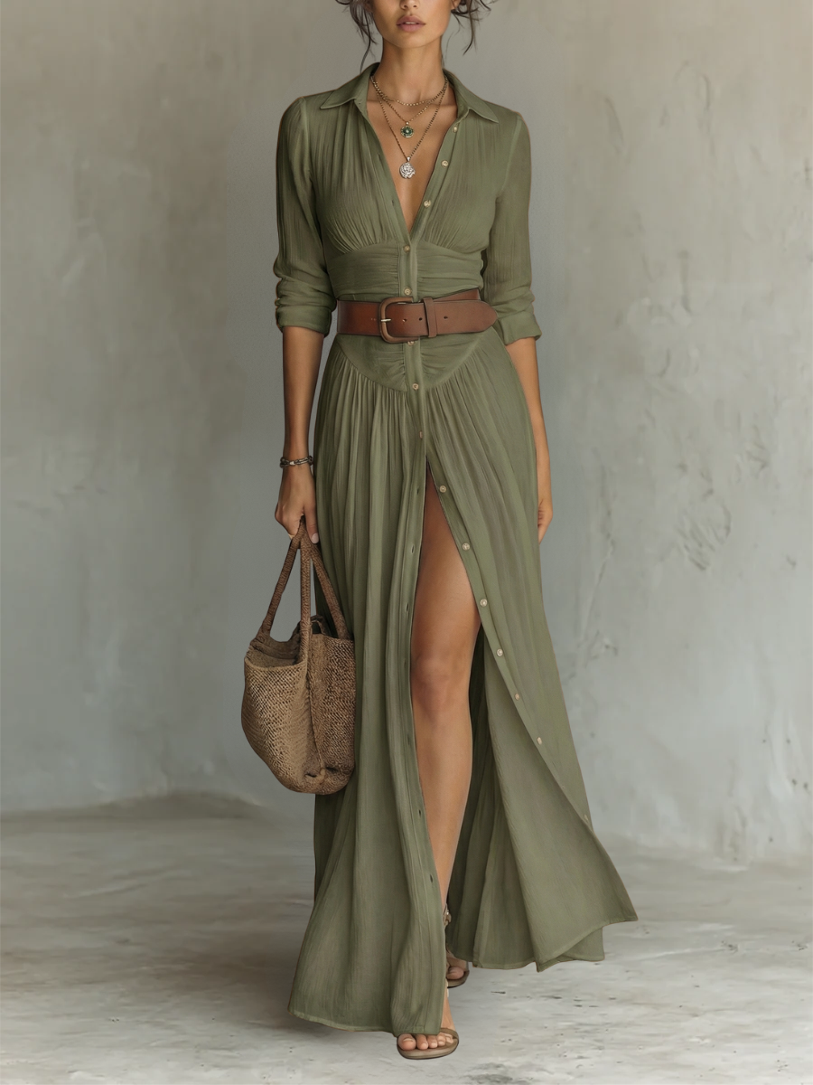 Lily · Robe longue avec col à revers et manches en lin
