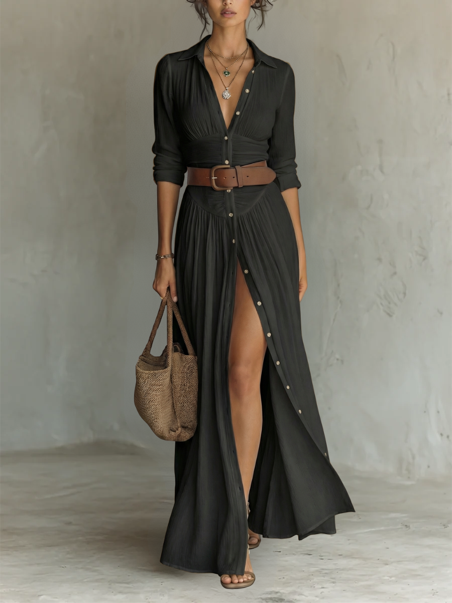 Lily · Robe longue avec col à revers et manches en lin