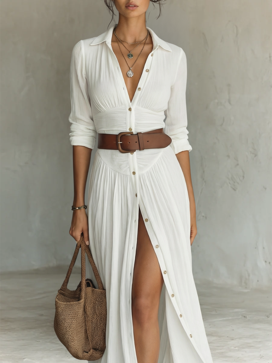 Lily · Robe longue avec col à revers et manches en lin