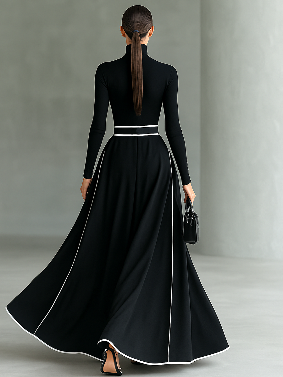 MARTINA | ROBE MAXI NOIRE AVEC COUTURES BLANCHES ET COL HAUT