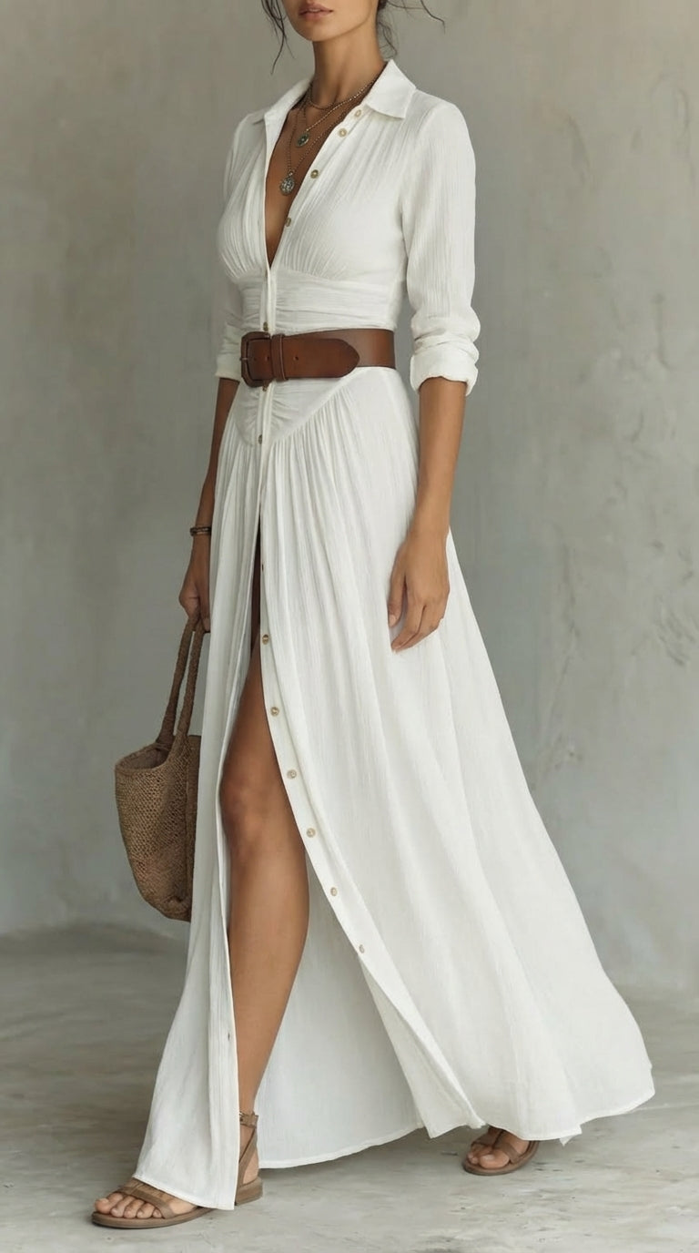 Lily · Robe longue avec col à revers et manches en lin