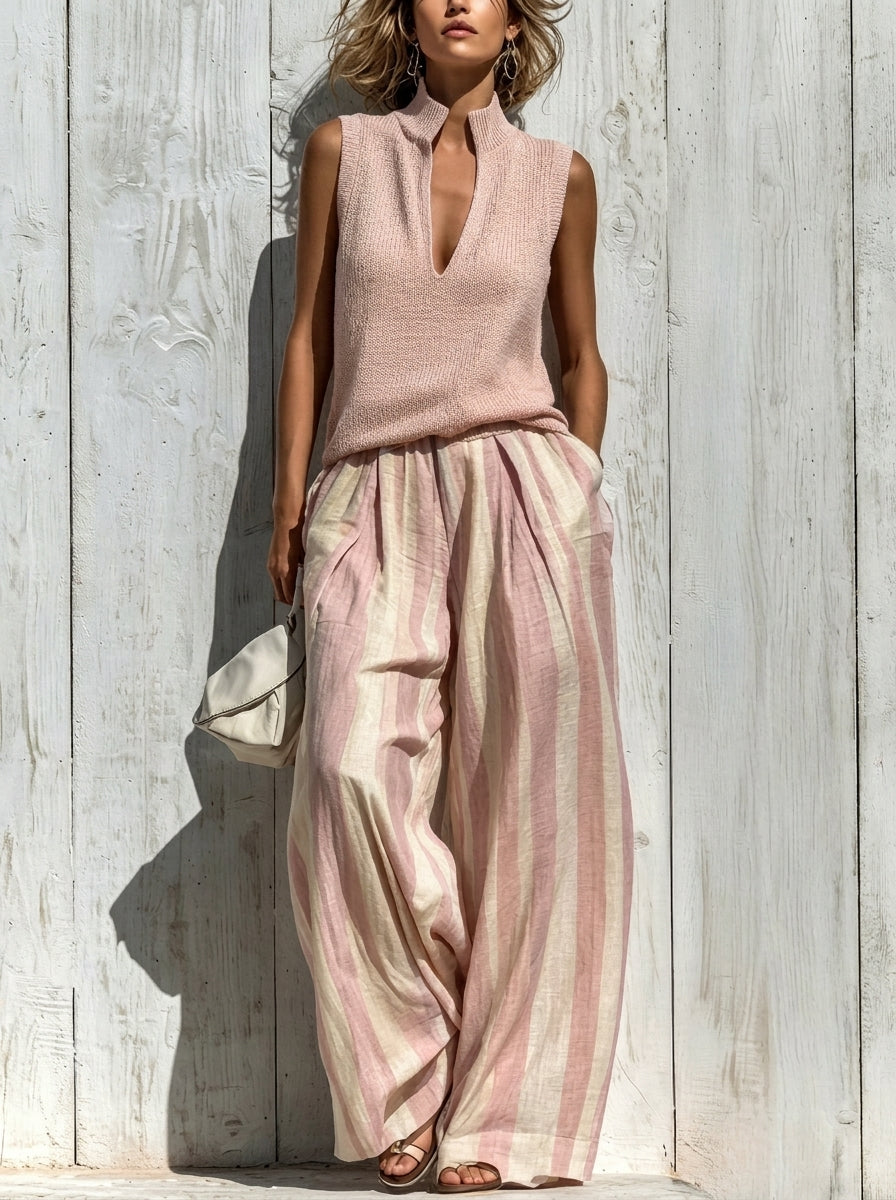 Sofía | Ensemble Élégant en Tissu Fluide : Top et Pantalons Palazzo Rayés
