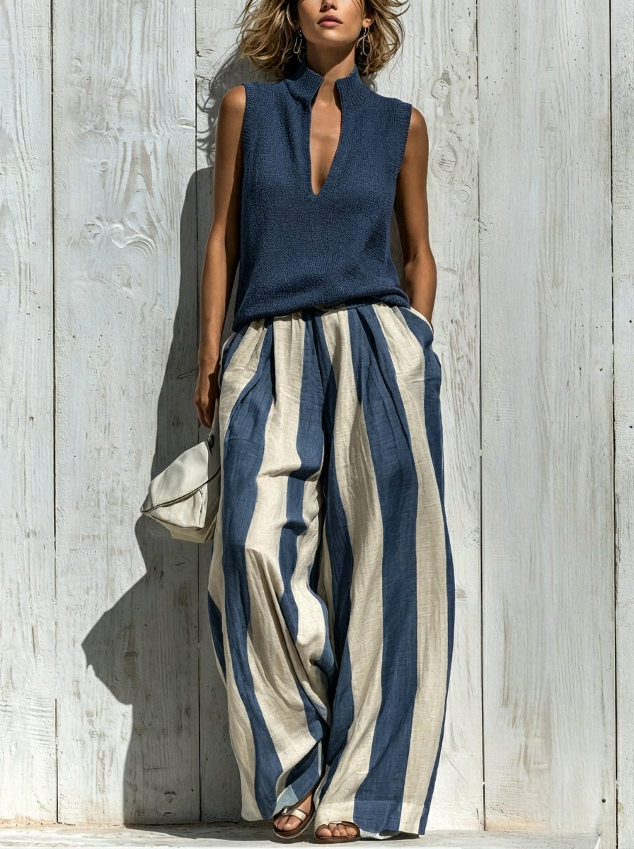 Sofía | Ensemble Élégant en Tissu Fluide : Top et Pantalons Palazzo Rayés