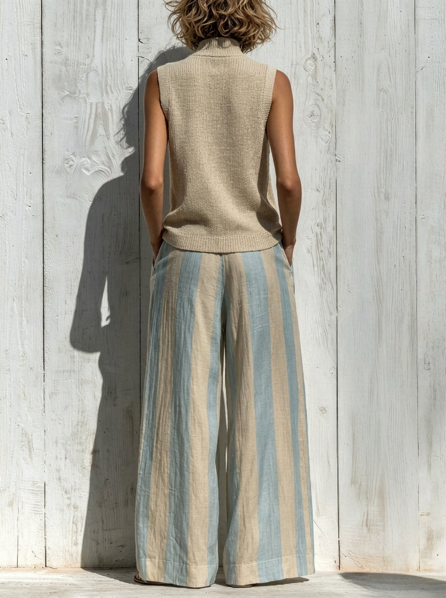 Sofía | Ensemble Élégant en Tissu Fluide : Top et Pantalons Palazzo Rayés