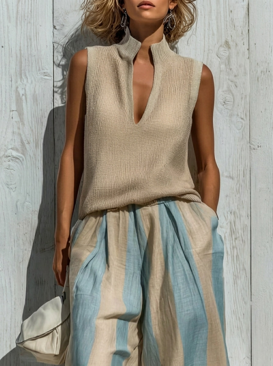Sofía | Ensemble Élégant en Tissu Fluide : Top et Pantalons Palazzo Rayés