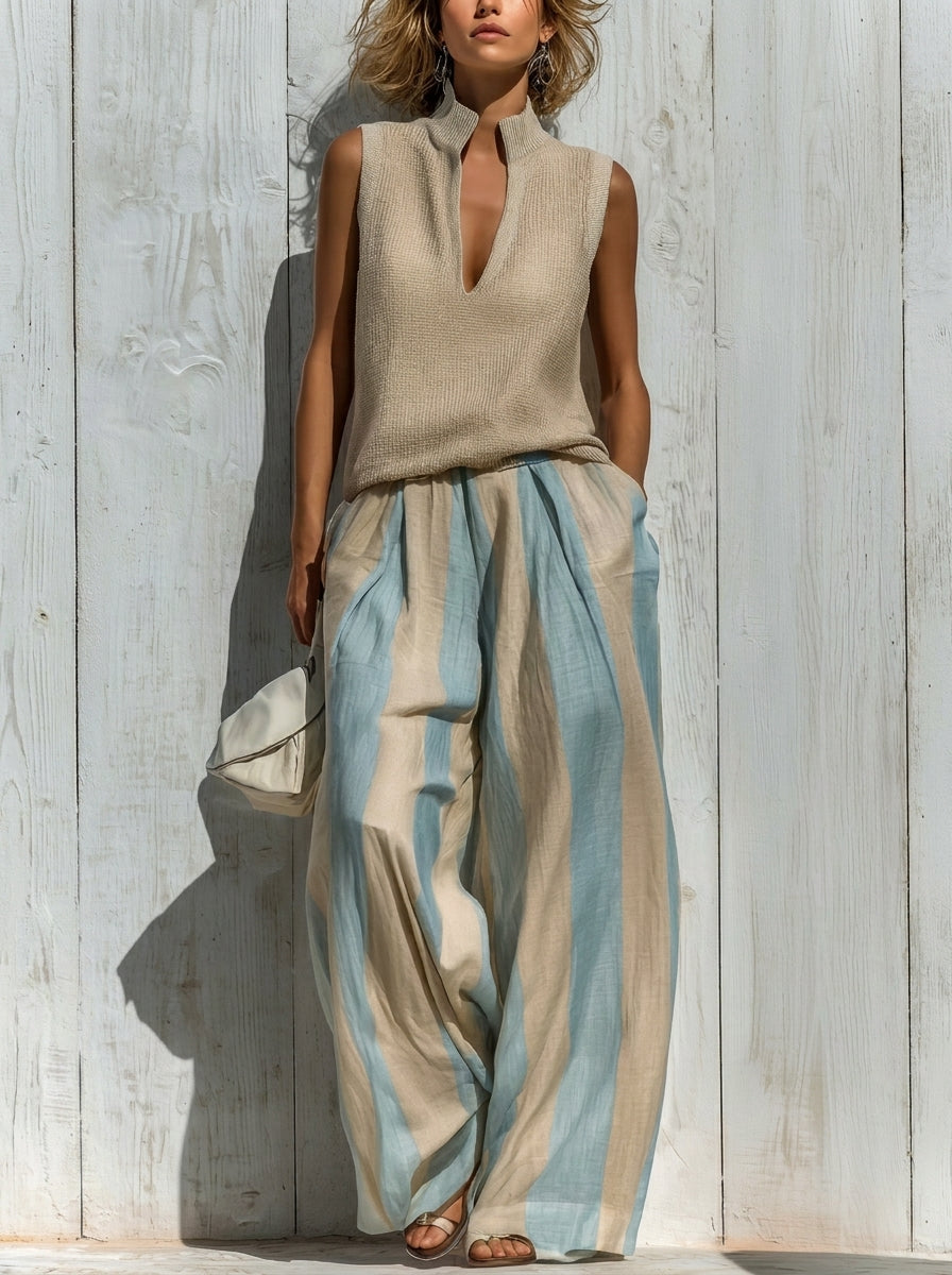 Sofía | Ensemble Élégant en Tissu Fluide : Top et Pantalons Palazzo Rayés