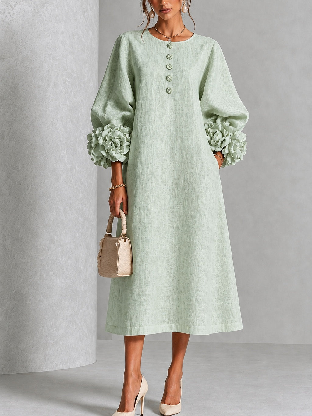 Giorgia | Robe midi à fleurs avec boutons et poignets décoratifs