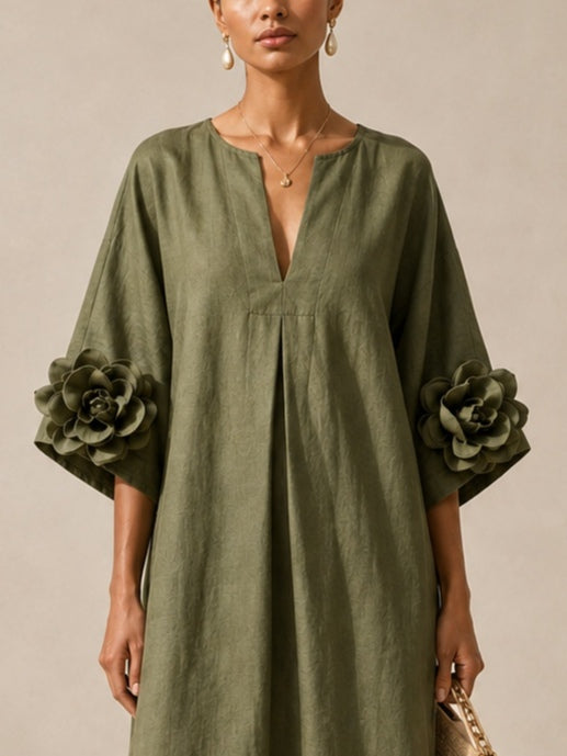 ELENA | ROBE MIDI VERTE OLIVE AVEC DÉCOLLETÉ EN V EN DÉTAILS FLORAUX
