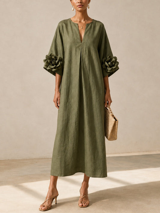 ELENA | ROBE MIDI VERTE OLIVE AVEC DÉCOLLETÉ EN V EN DÉTAILS FLORAUX