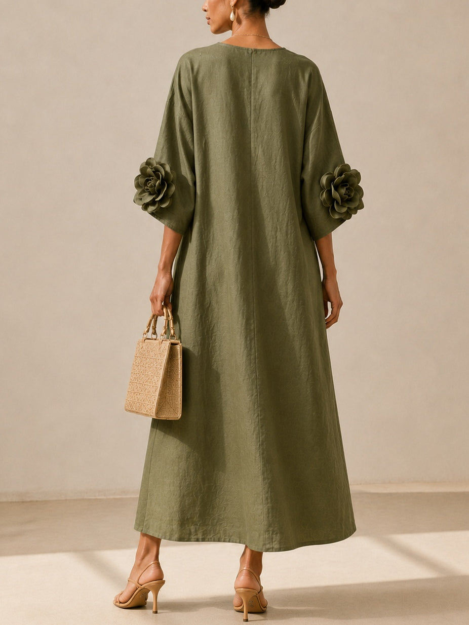 ELENA | ROBE MIDI VERTE OLIVE AVEC DÉCOLLETÉ EN V EN DÉTAILS FLORAUX