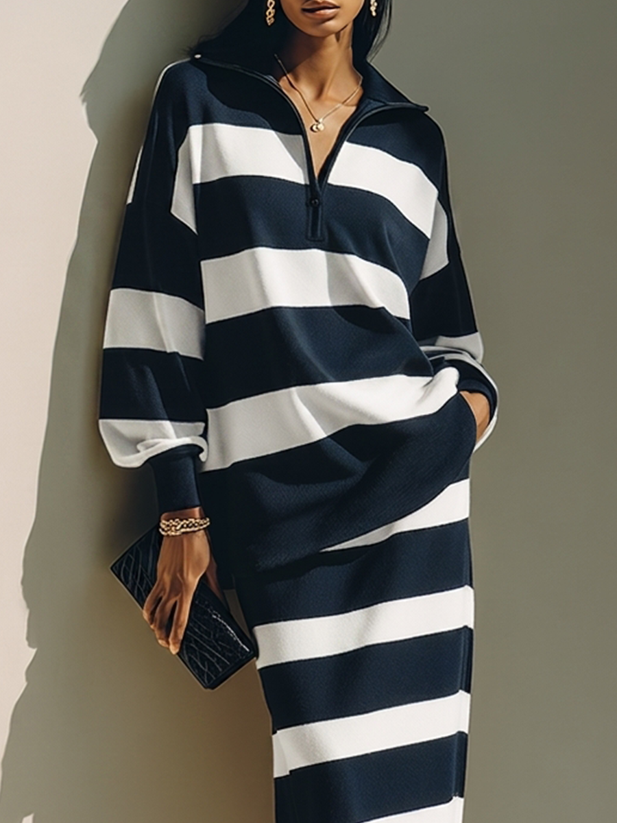 Valentina™ | Ensemble Deux Pièces Bleu Nuit à Rayures Color-Block avec Top Polo à Demi-Zip et Jupe Midi