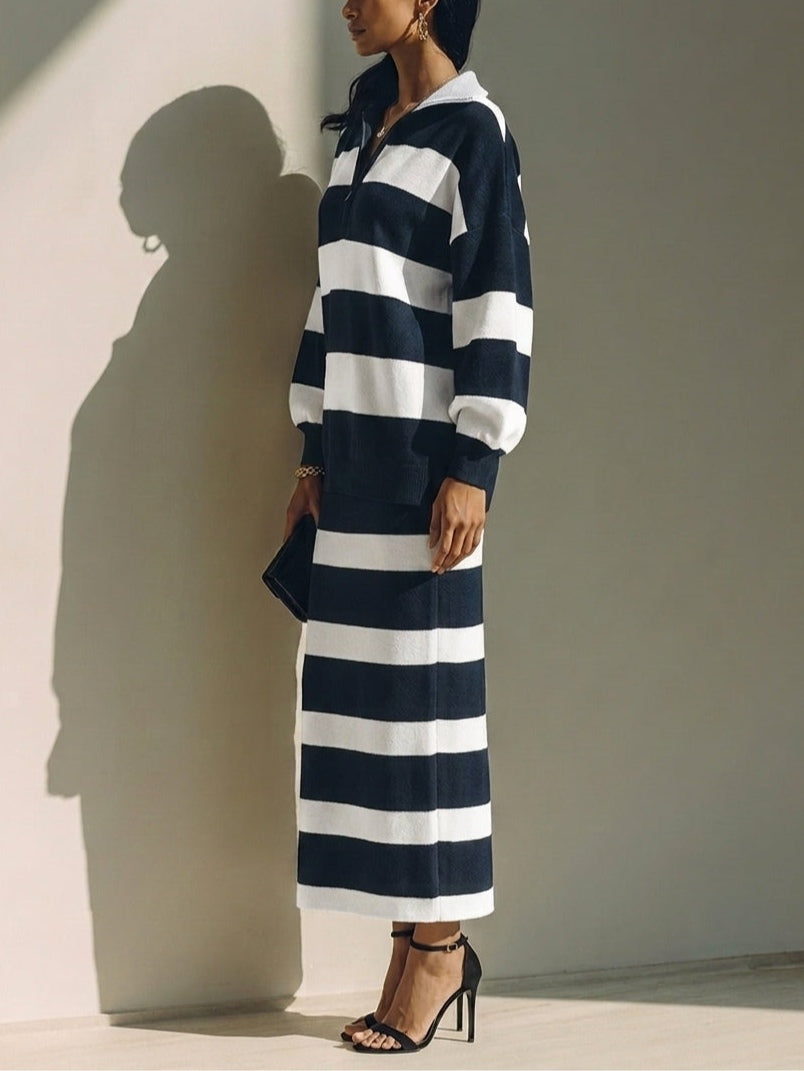 Valentina™ | Ensemble Deux Pièces Bleu Nuit à Rayures Color-Block avec Top Polo à Demi-Zip et Jupe Midi