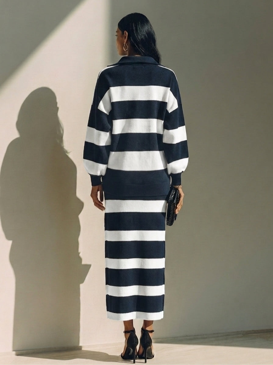 Valentina™ | Ensemble Deux Pièces Bleu Nuit à Rayures Color-Block avec Top Polo à Demi-Zip et Jupe Midi