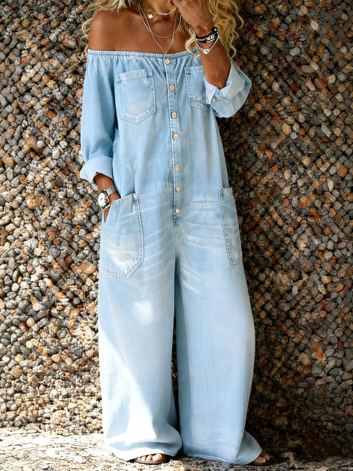 Noa | Salopette en denim avec décolleté épaule dénudée