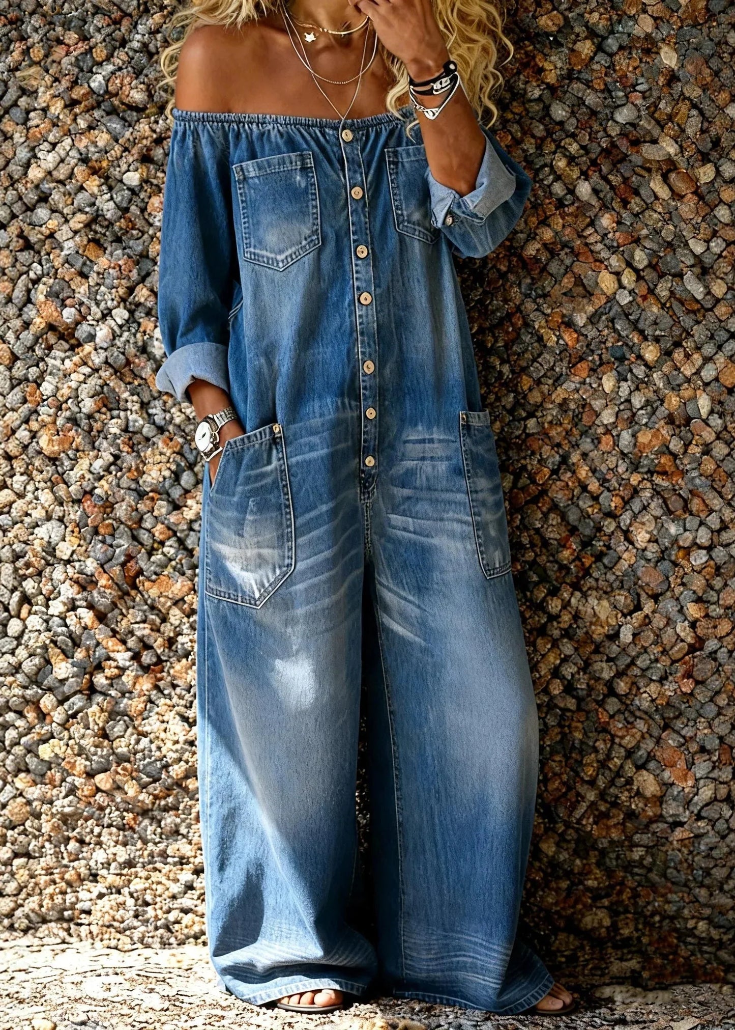 Noa | Salopette en denim avec décolleté épaule dénudée