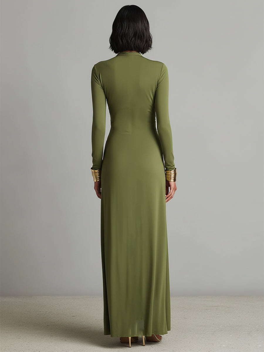Sofía | Robe longue en soie vert olive avec décolleté en V et détails froncés