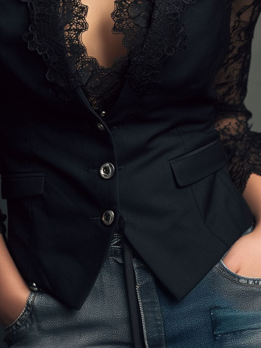 Noémie | Haut Blazer Noir à Manches Semi-Transparentes