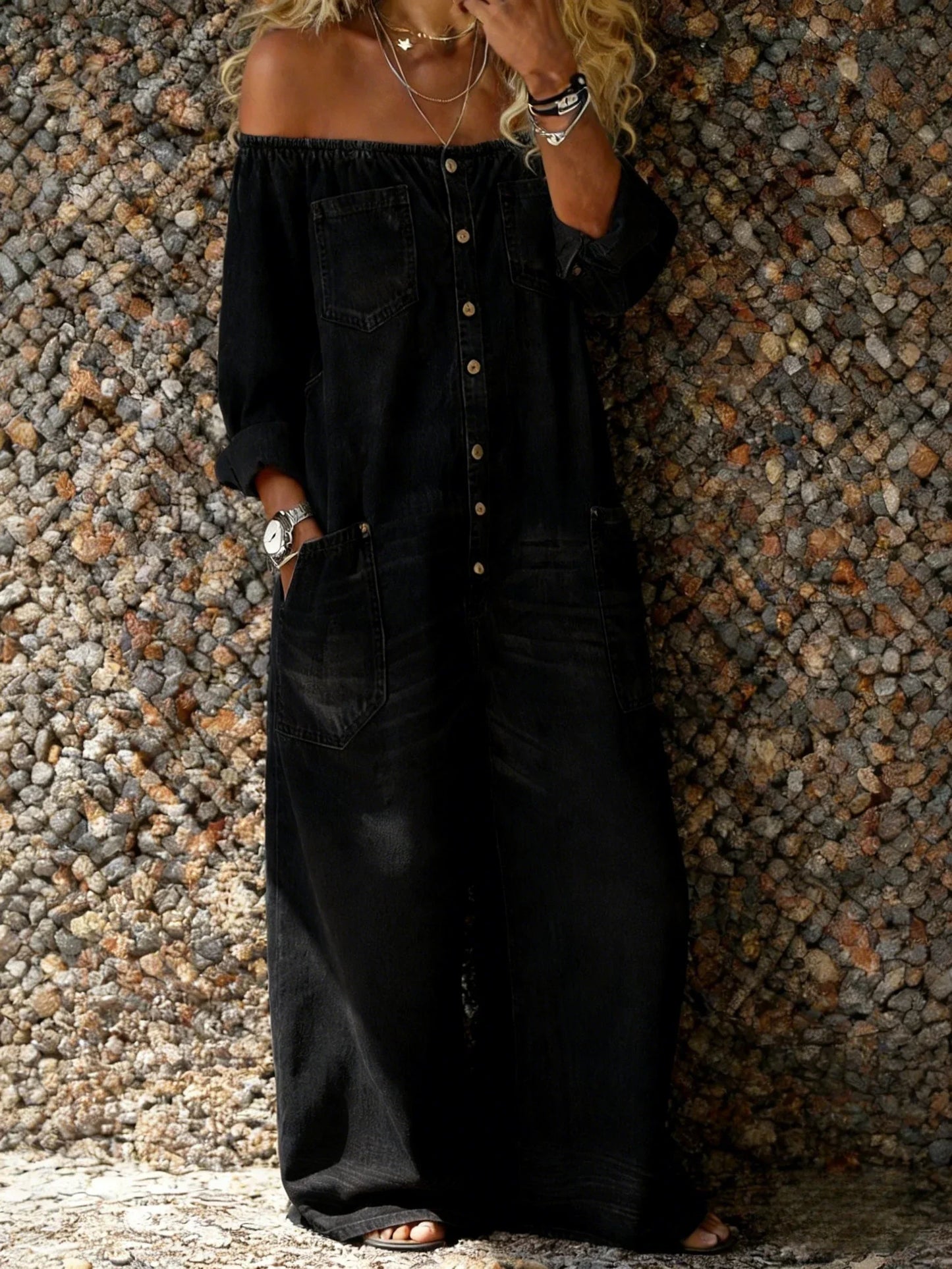 Noa | Salopette en denim avec décolleté épaule dénudée