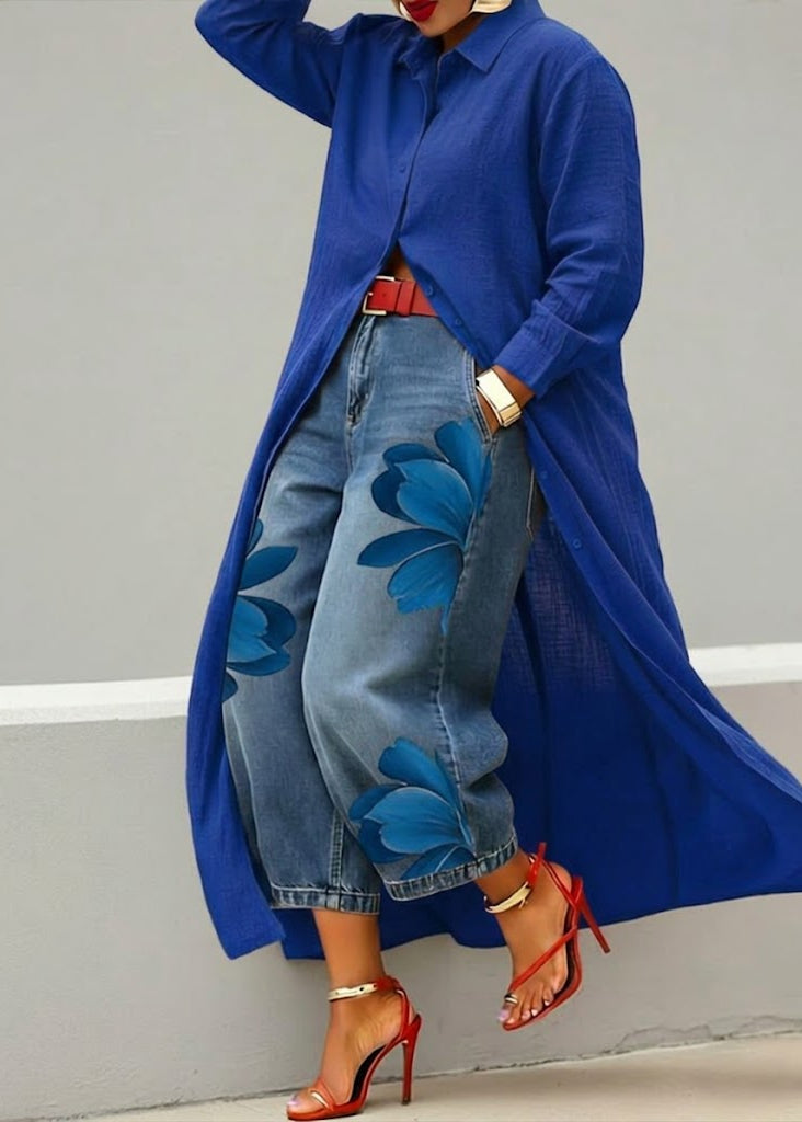 Rosa · Ensemble Robe Chemise Rouge et Jeans Amples Floraux