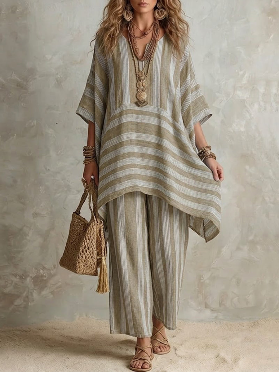 Raquel · Ensemble Boho en Lin Rayé Femme Coupe Oversize