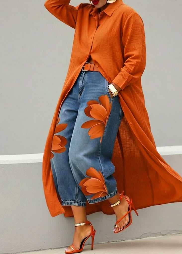 Rosa · Ensemble Robe Chemise Rouge et Jeans Amples Floraux