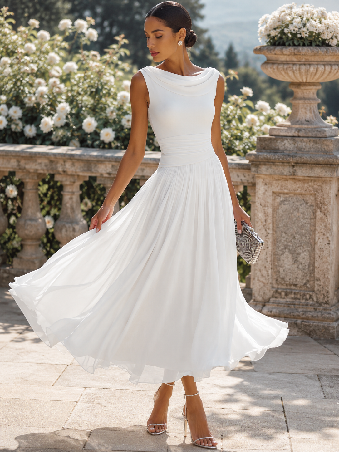 CINTIA · Robe midi plissée sans manches avec décolleté drapé