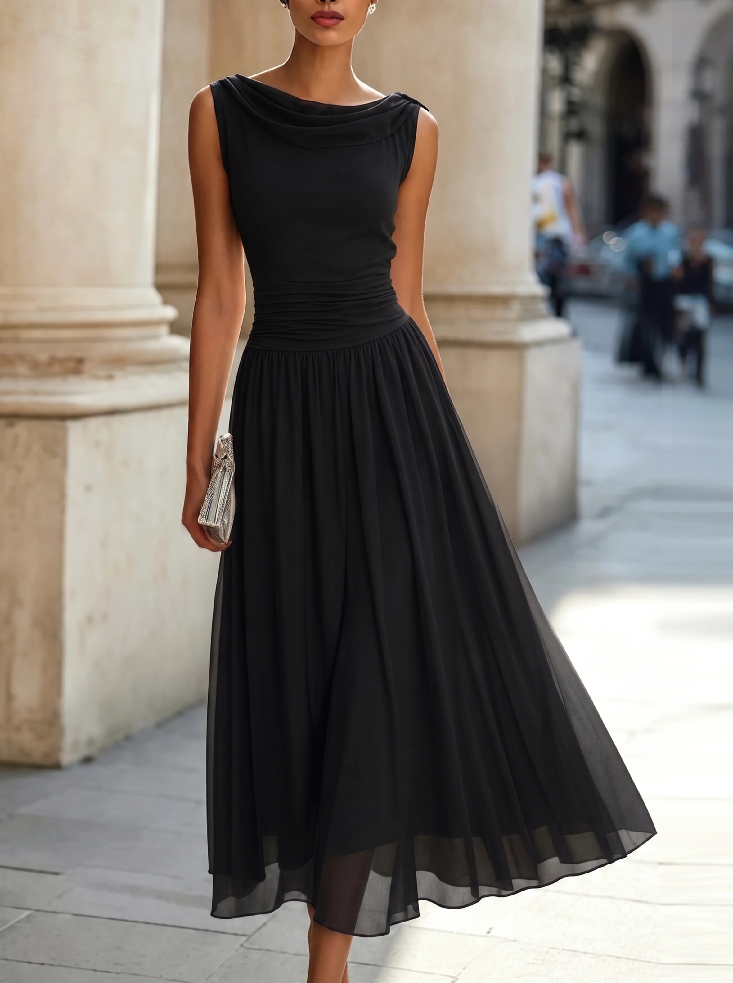 CINTIA · Robe midi plissée sans manches avec décolleté drapé