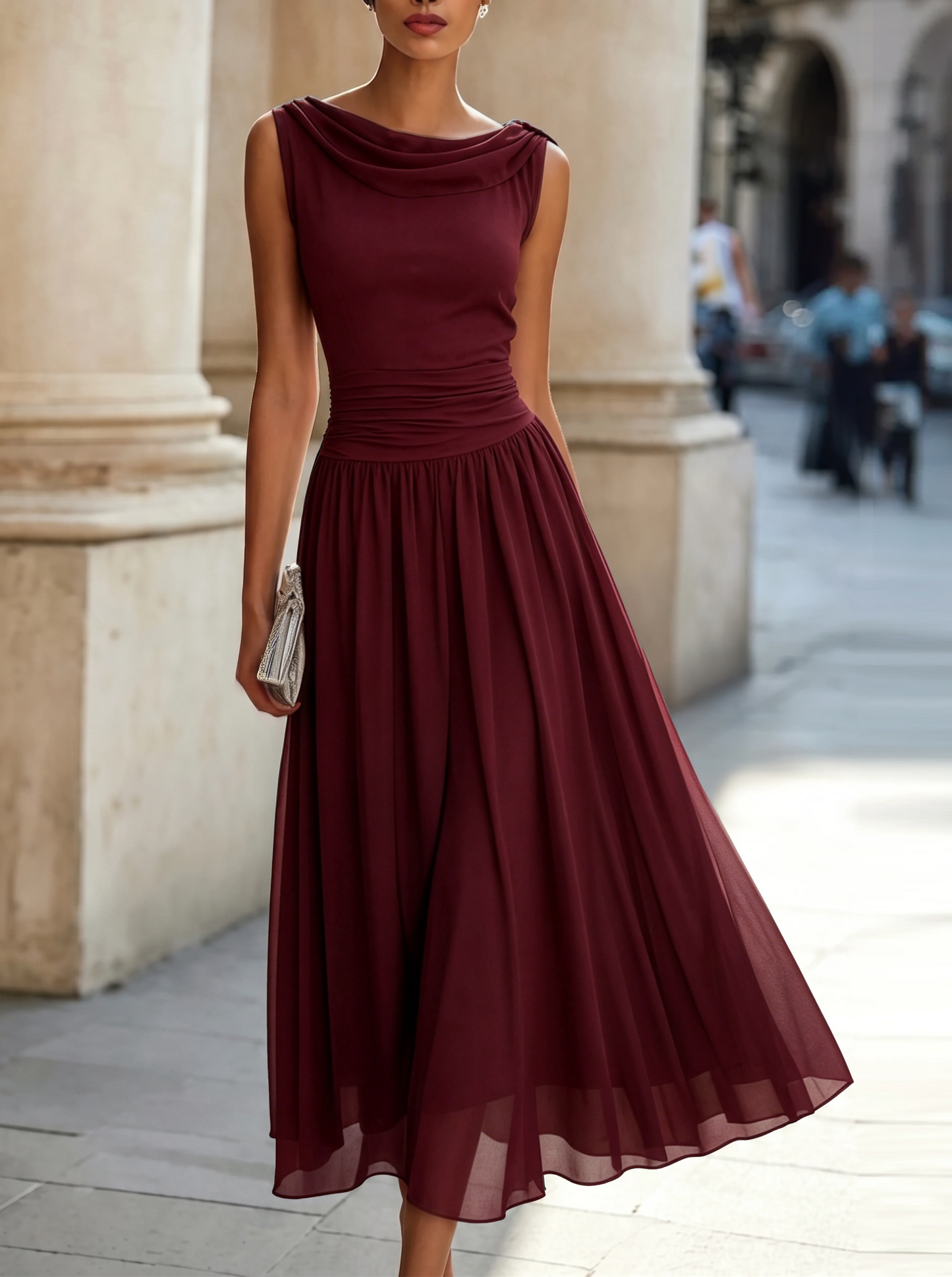 CINTIA · Robe midi plissée sans manches avec décolleté drapé