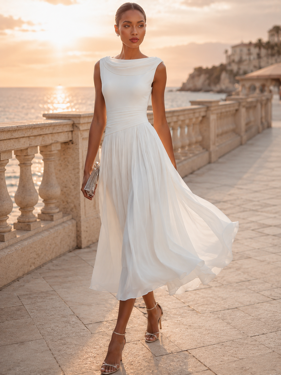 CINTIA · Robe midi plissée sans manches avec décolleté drapé