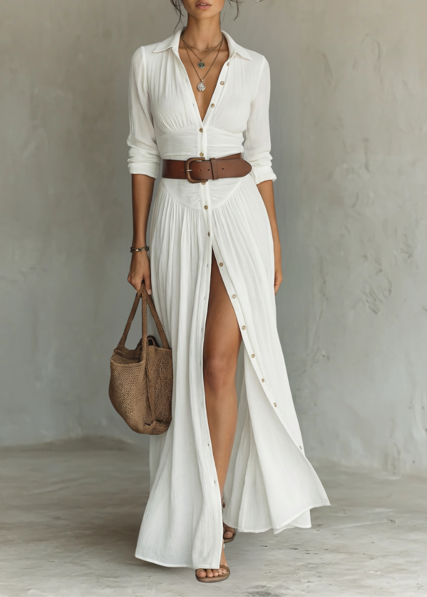Lily · Robe longue avec col à revers et manches en lin