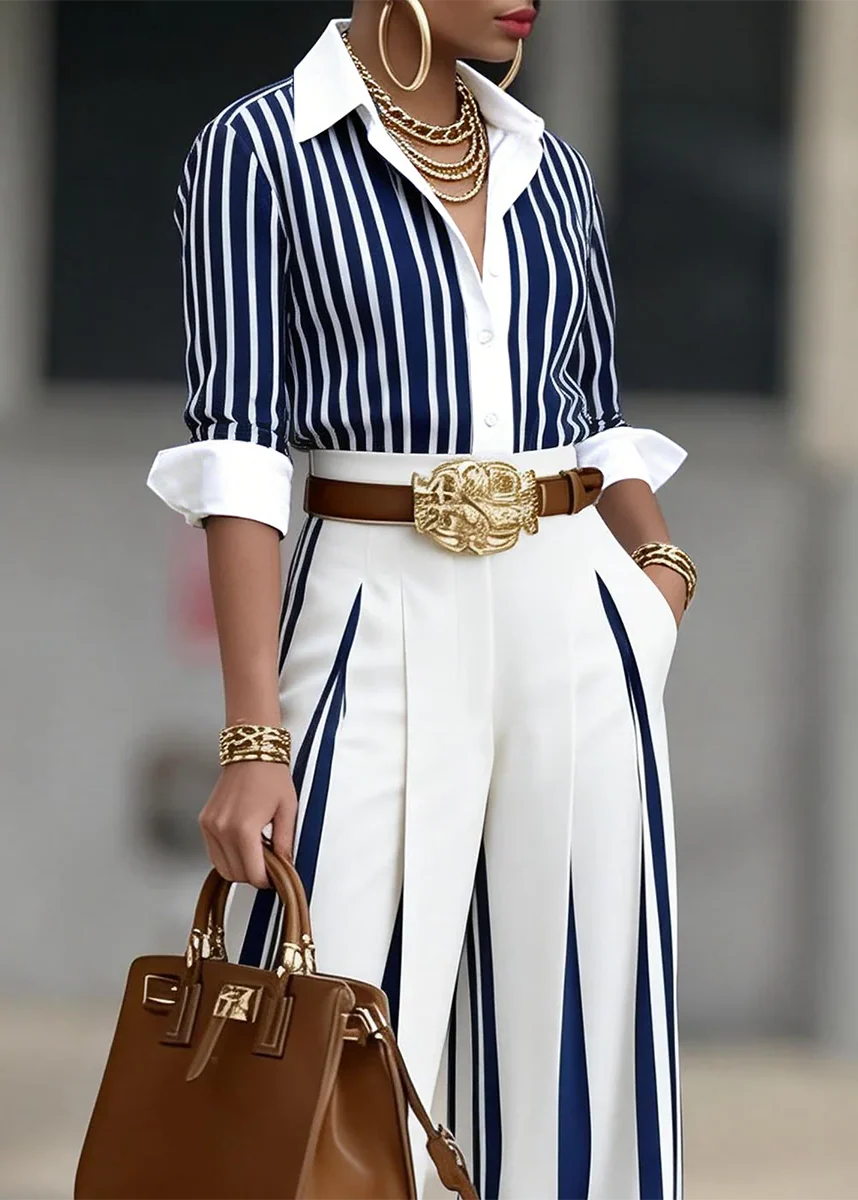 Lucia : Ensemble Femme Rayé Avec Chemise Et Pantalon Large