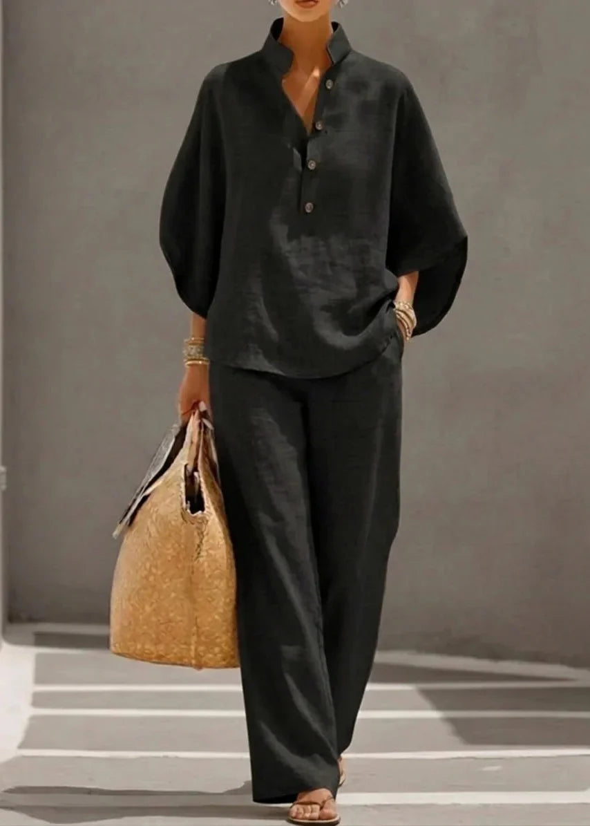 Maribel | Ensemble en lin avec manches chauve-souris et pantalon large