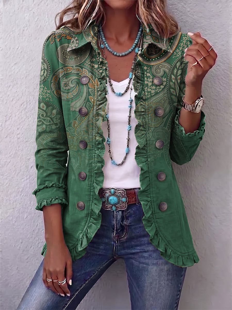Cosette | Veste Bohème Vert Paisley à Volants
