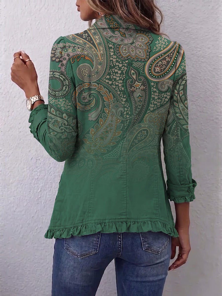 Cosette | Veste Bohème Vert Paisley à Volants