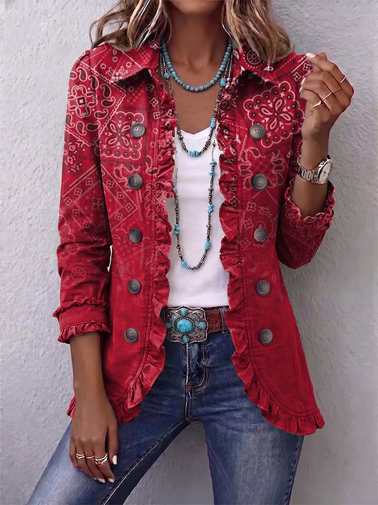 Gaëlle | Veste Bohème Paisley Dégradé Rouge à Volants