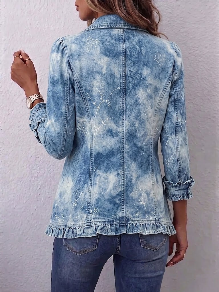 Guenièvre | Veste Bohème Botanique Vintage Dégradée Bleu à Volants