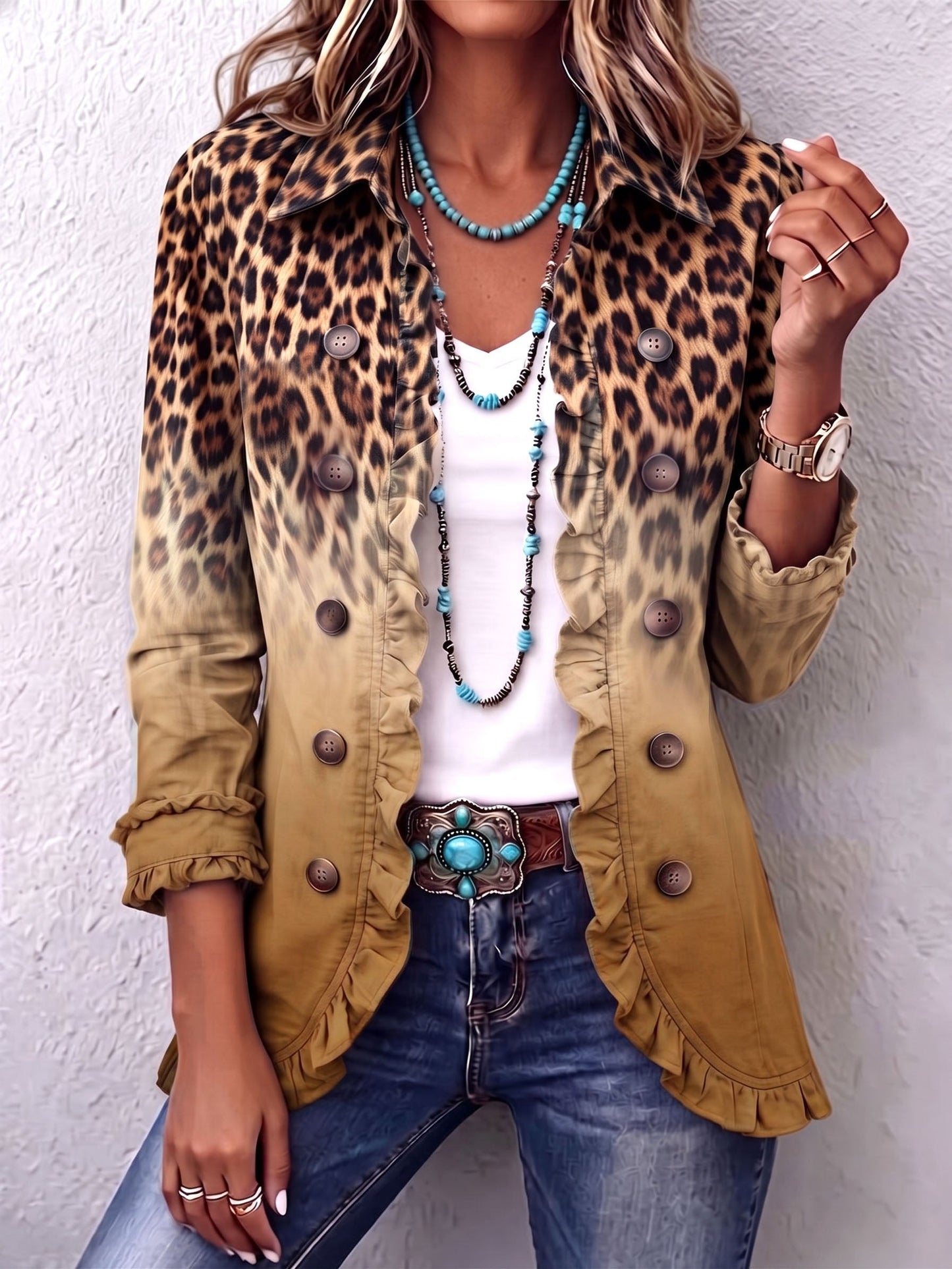Paule | Blazer Léopard Dégradé Ocre à Volants