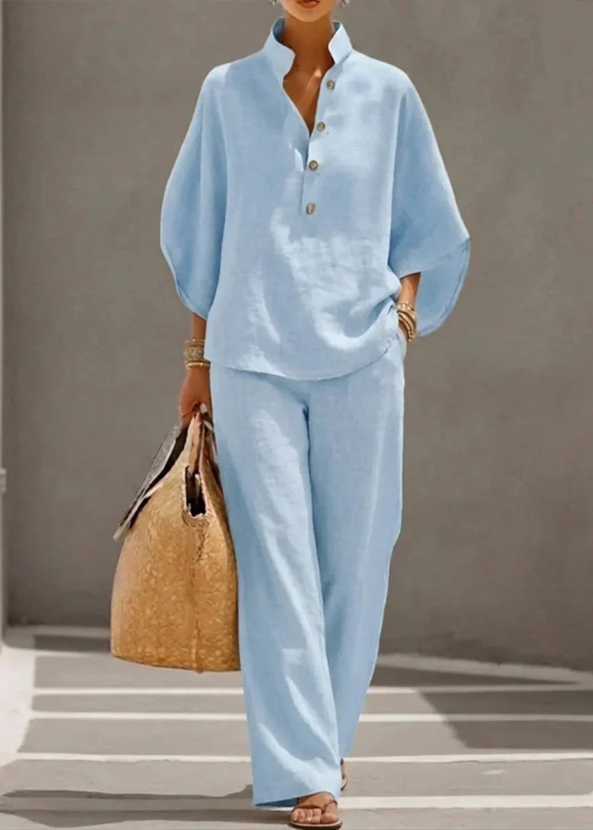 Maribel | Ensemble en lin avec manches chauve-souris et pantalon large